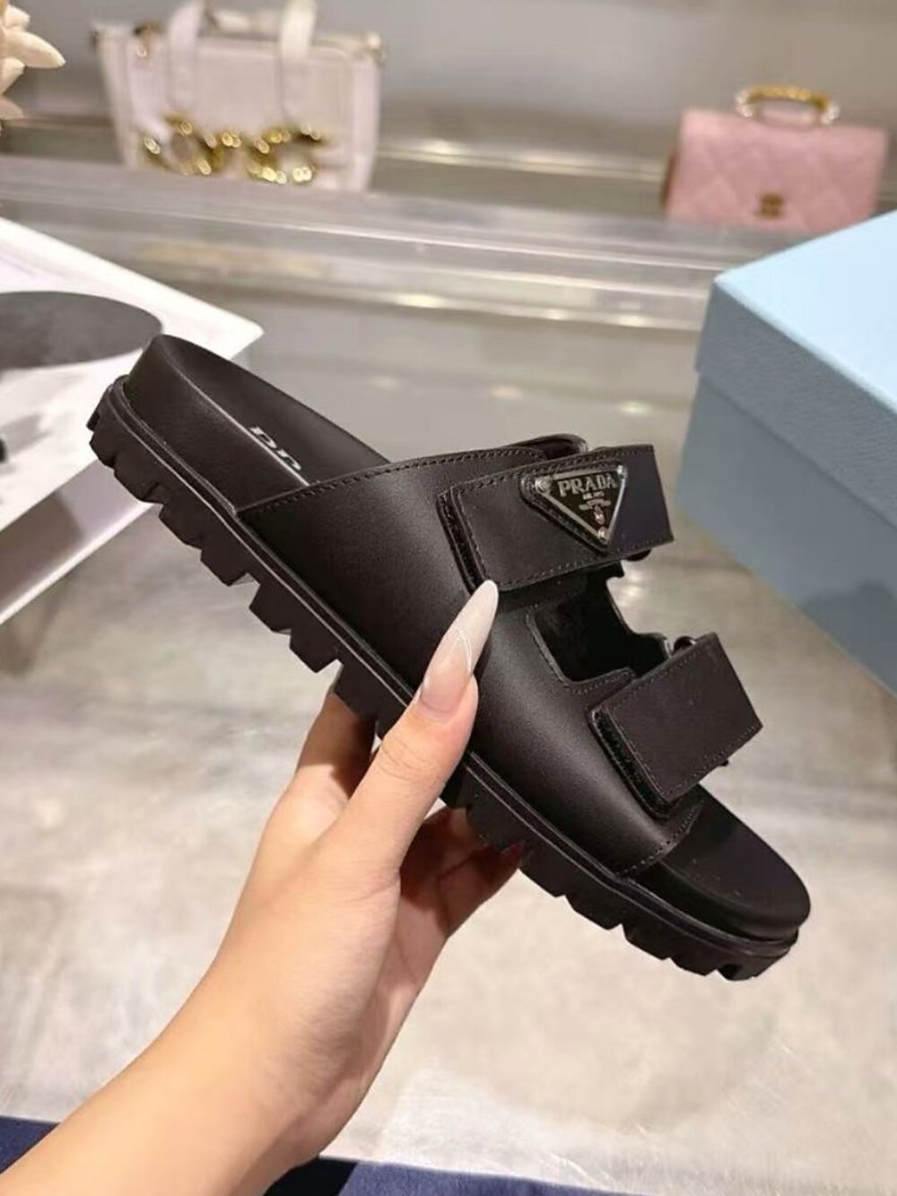 Prada Black Leather Dual Strap Platform Slide Sandals - Picture 6 of 8